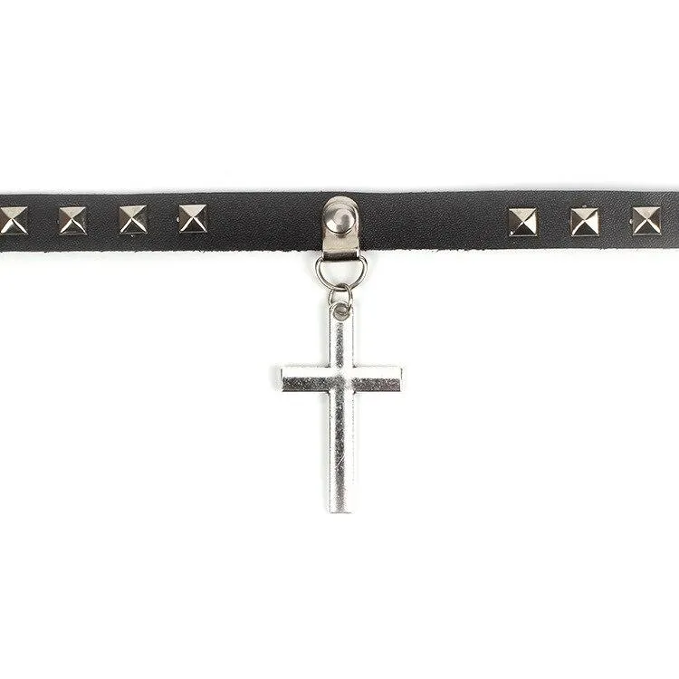 Black Leather Gothic Cross Choker Necklace