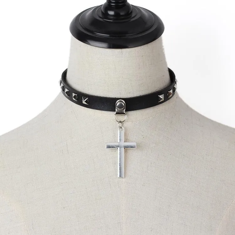 Black Leather Gothic Cross Choker Necklace