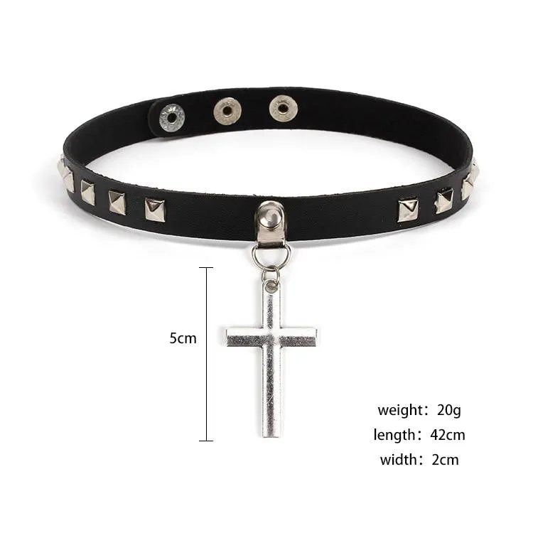 Black Leather Gothic Cross Choker Necklace