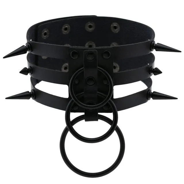 Black Spike Stud and Metal Ring Collar Choker Leather Gothic Harajuku Necklace