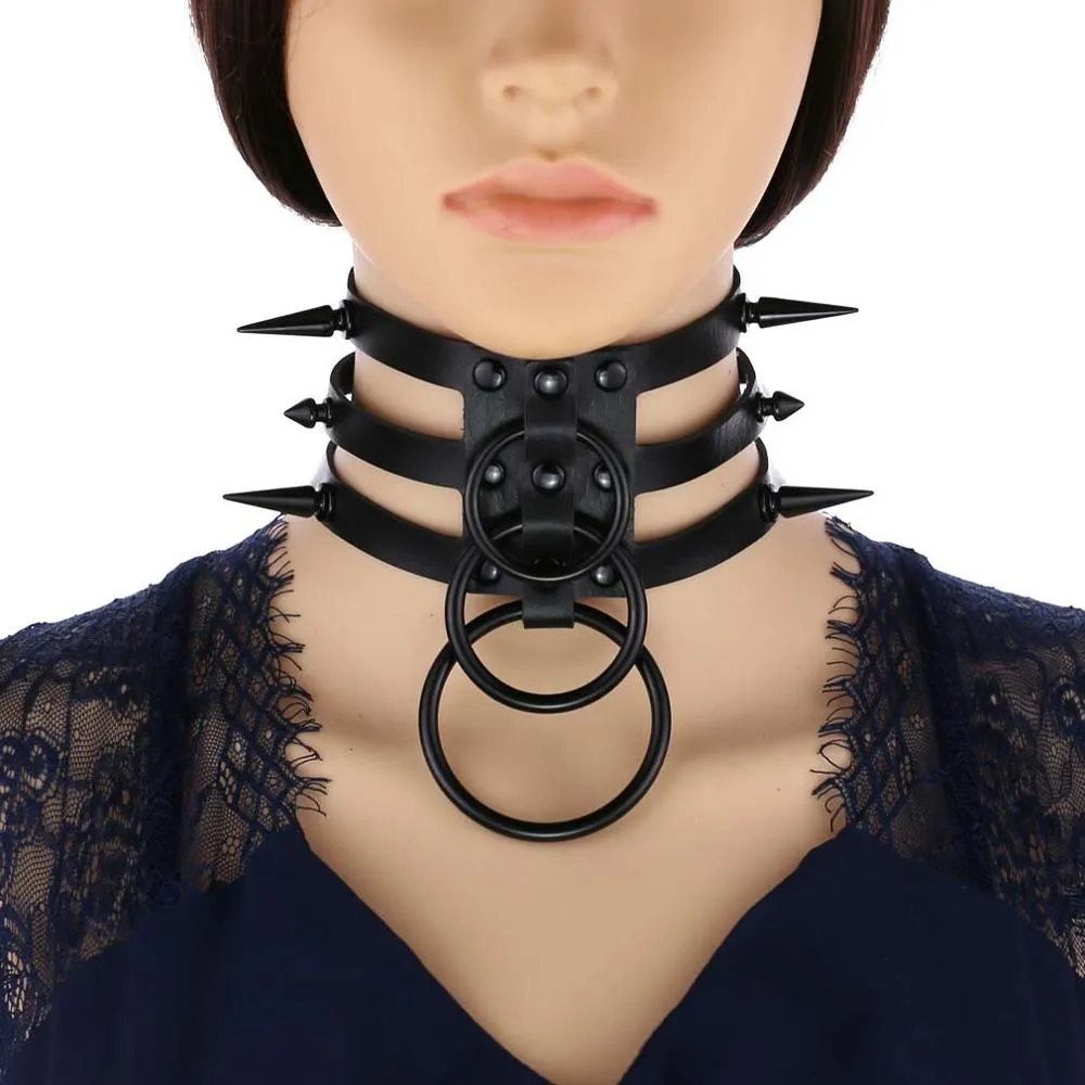 Black Spike Stud and Metal Ring Collar Choker Leather Gothic Harajuku Necklace