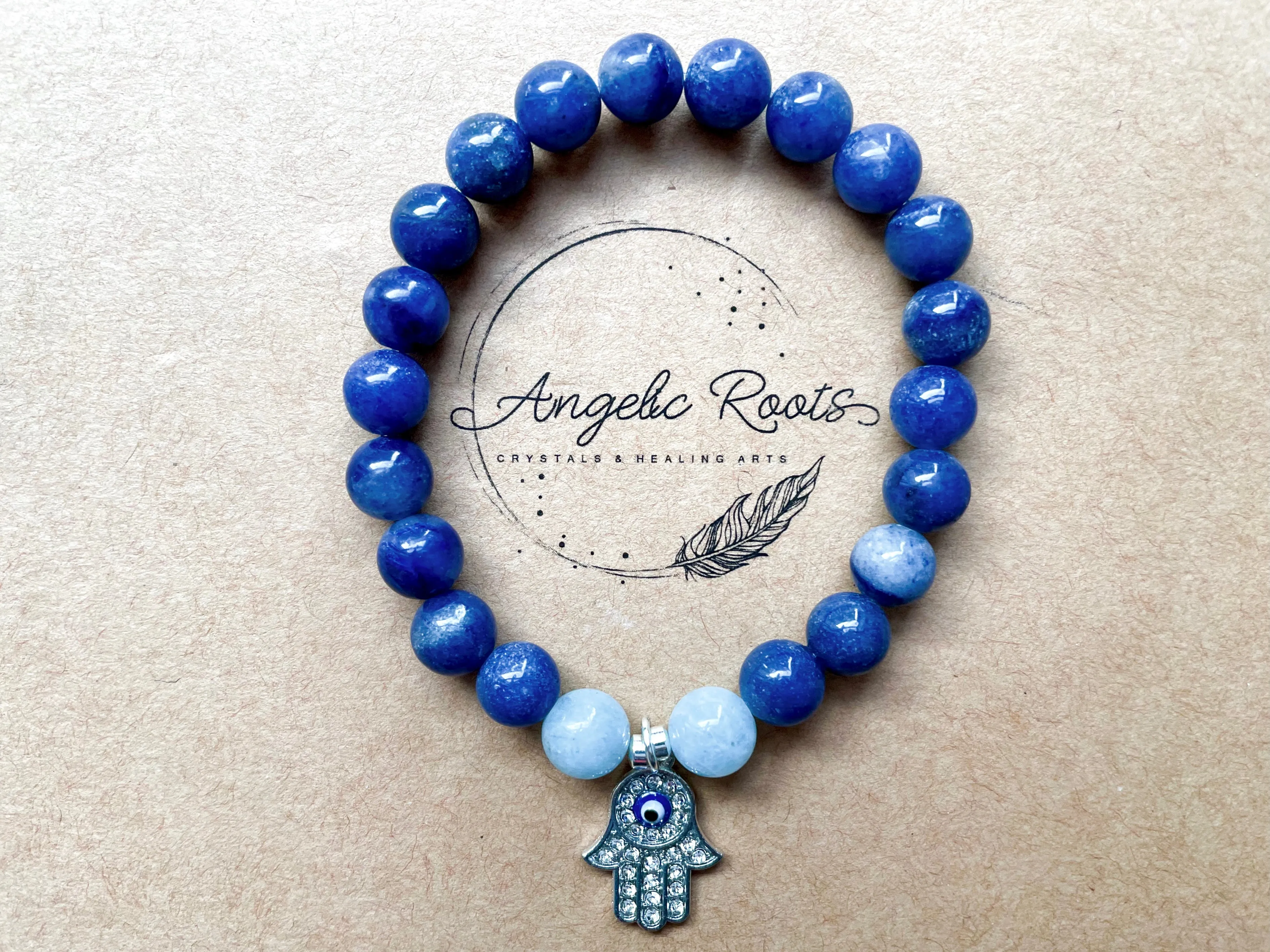 Blue Aventurine, Aquamarine & Hamsa Charm Beaded Bracelet