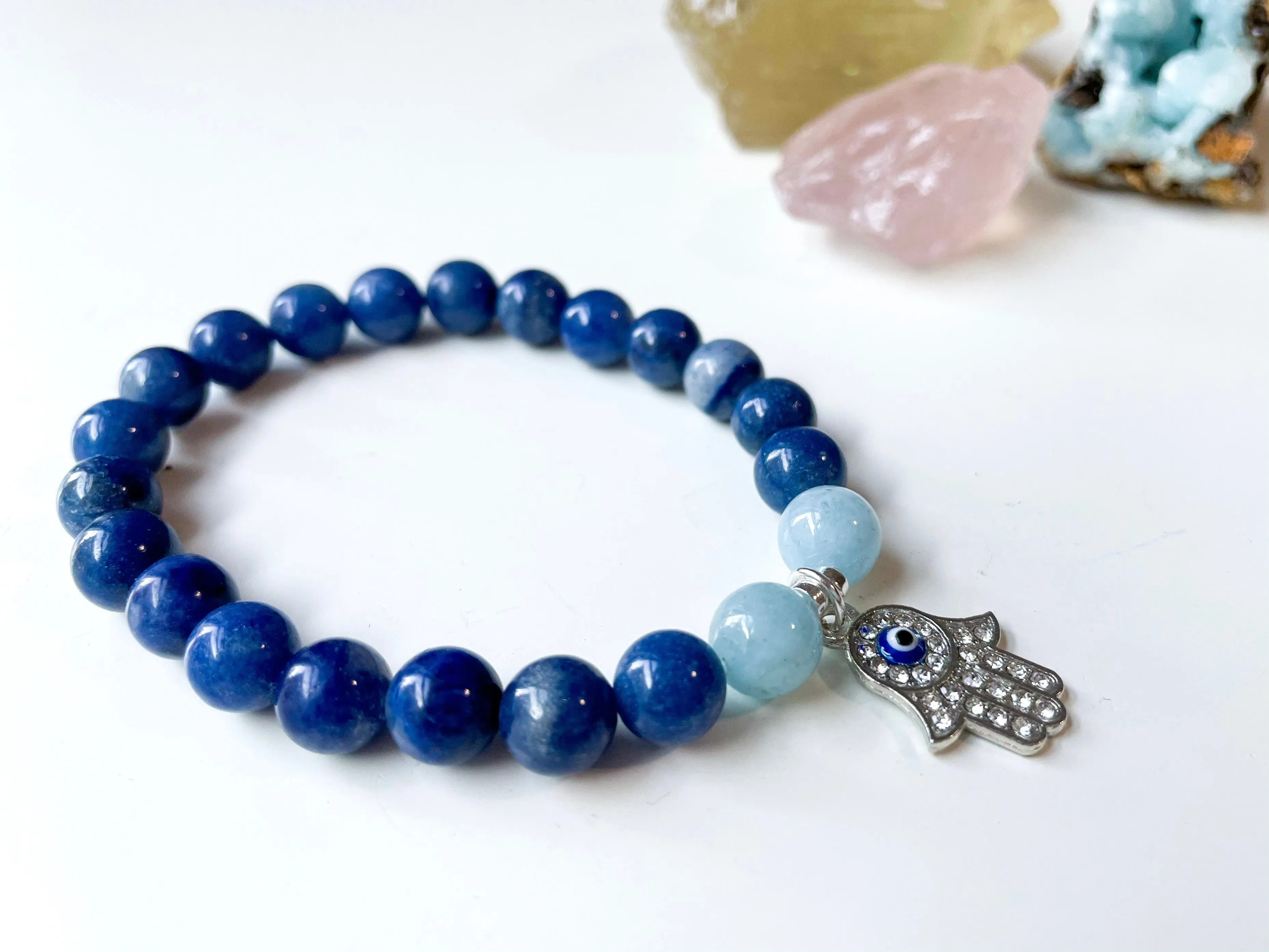 Blue Aventurine, Aquamarine & Hamsa Charm Beaded Bracelet