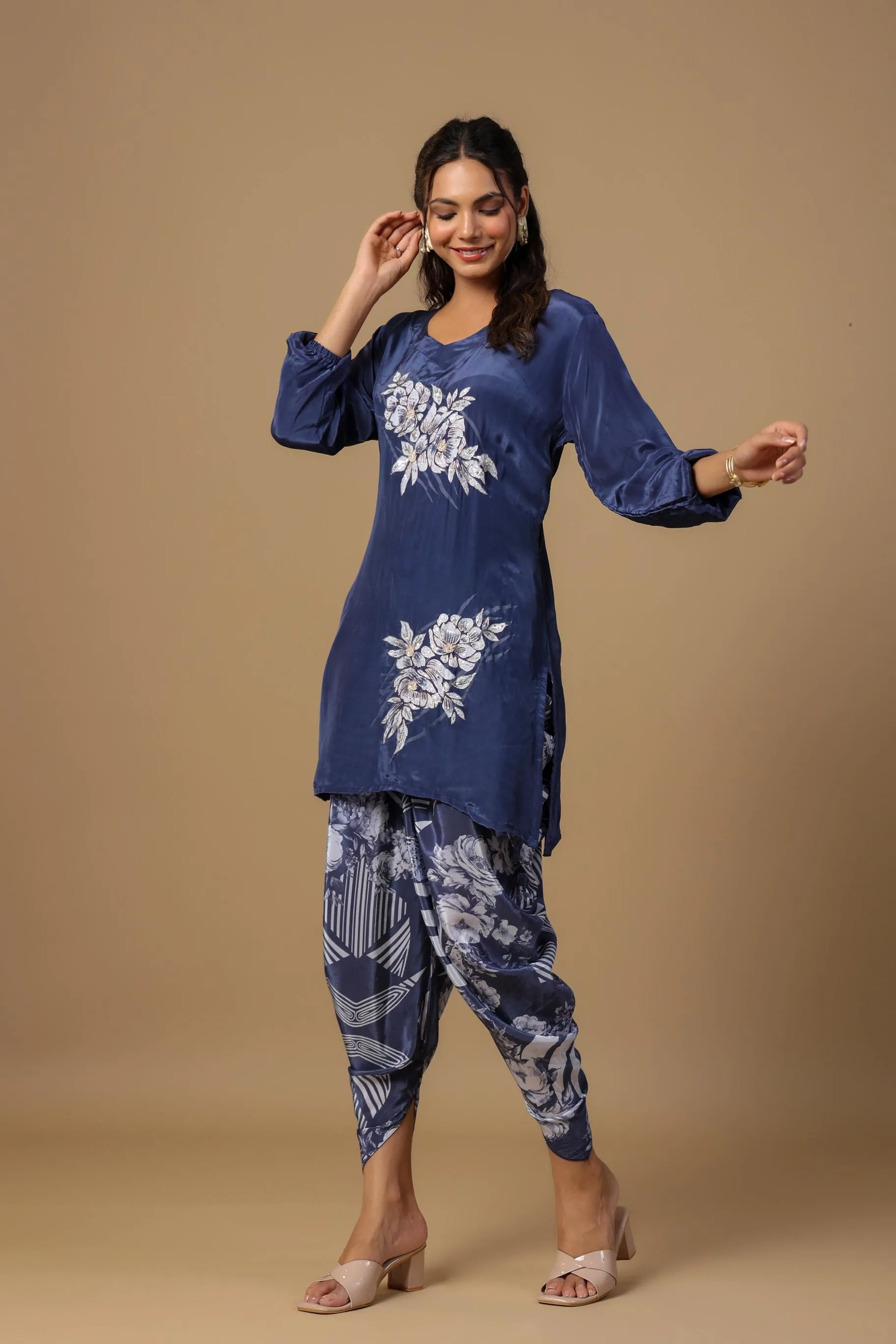 Blue Floral Embroidered Habutai Silk Co-Ord Set