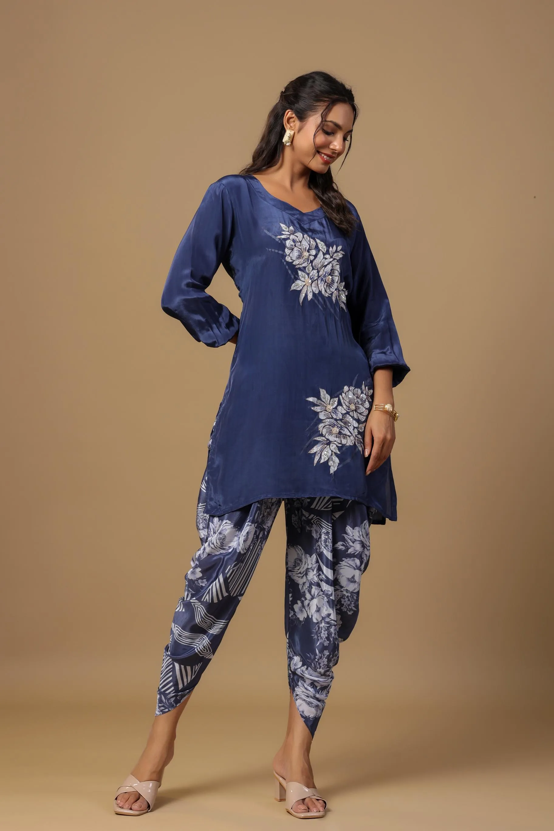 Blue Floral Embroidered Habutai Silk Co-Ord Set