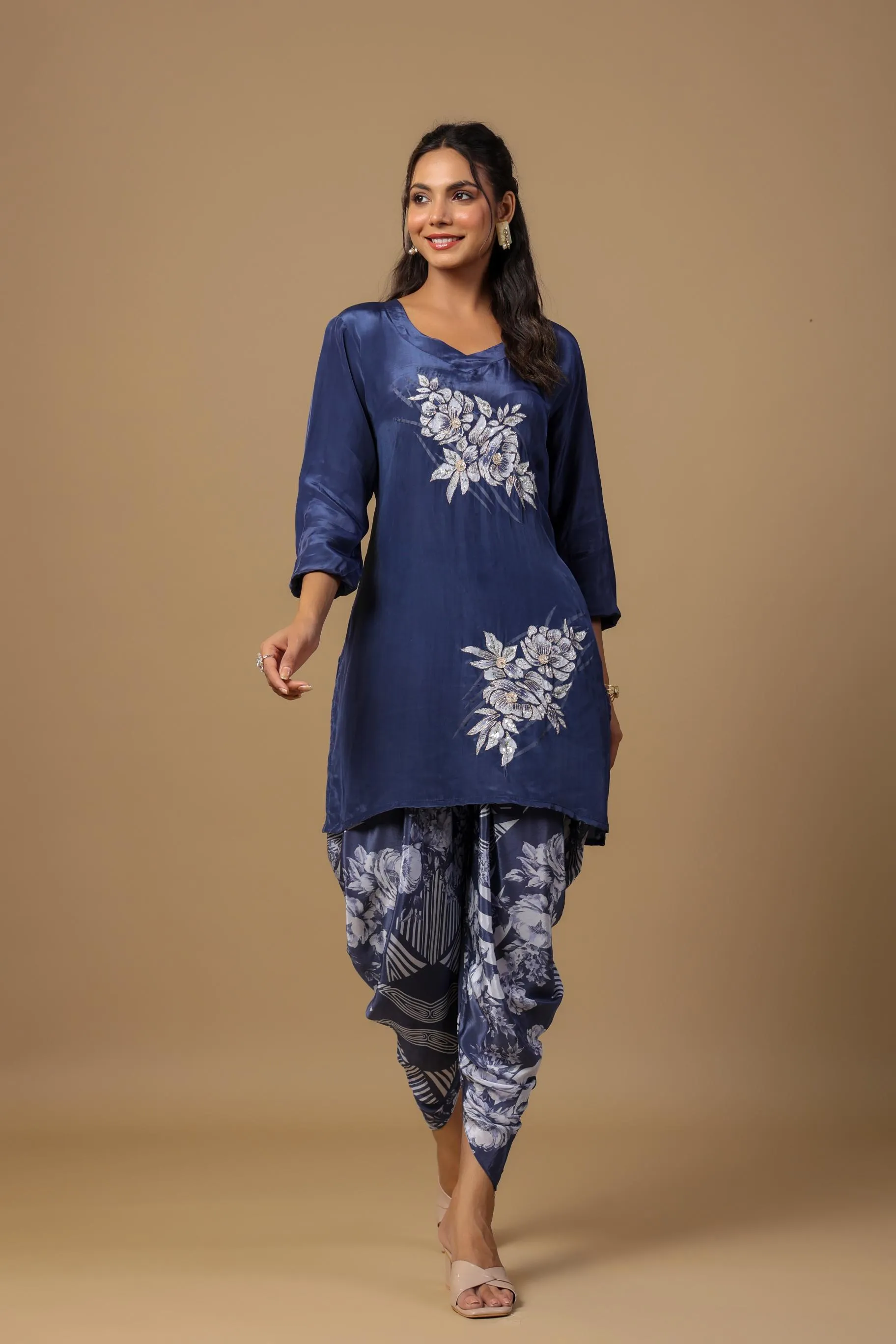 Blue Floral Embroidered Habutai Silk Co-Ord Set