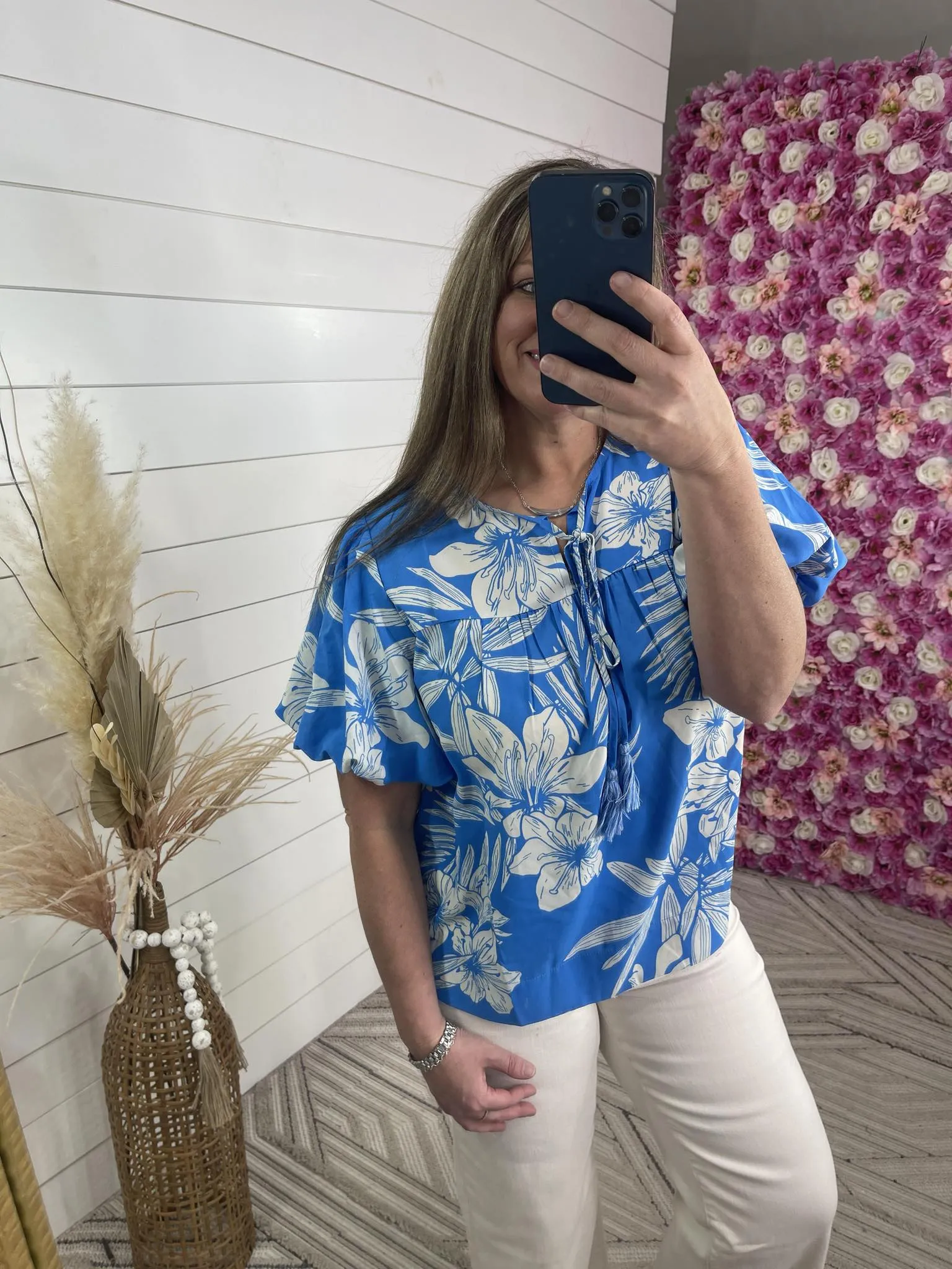 BLUE FLORAL PRINT TASSEL-TIE NECK TOP