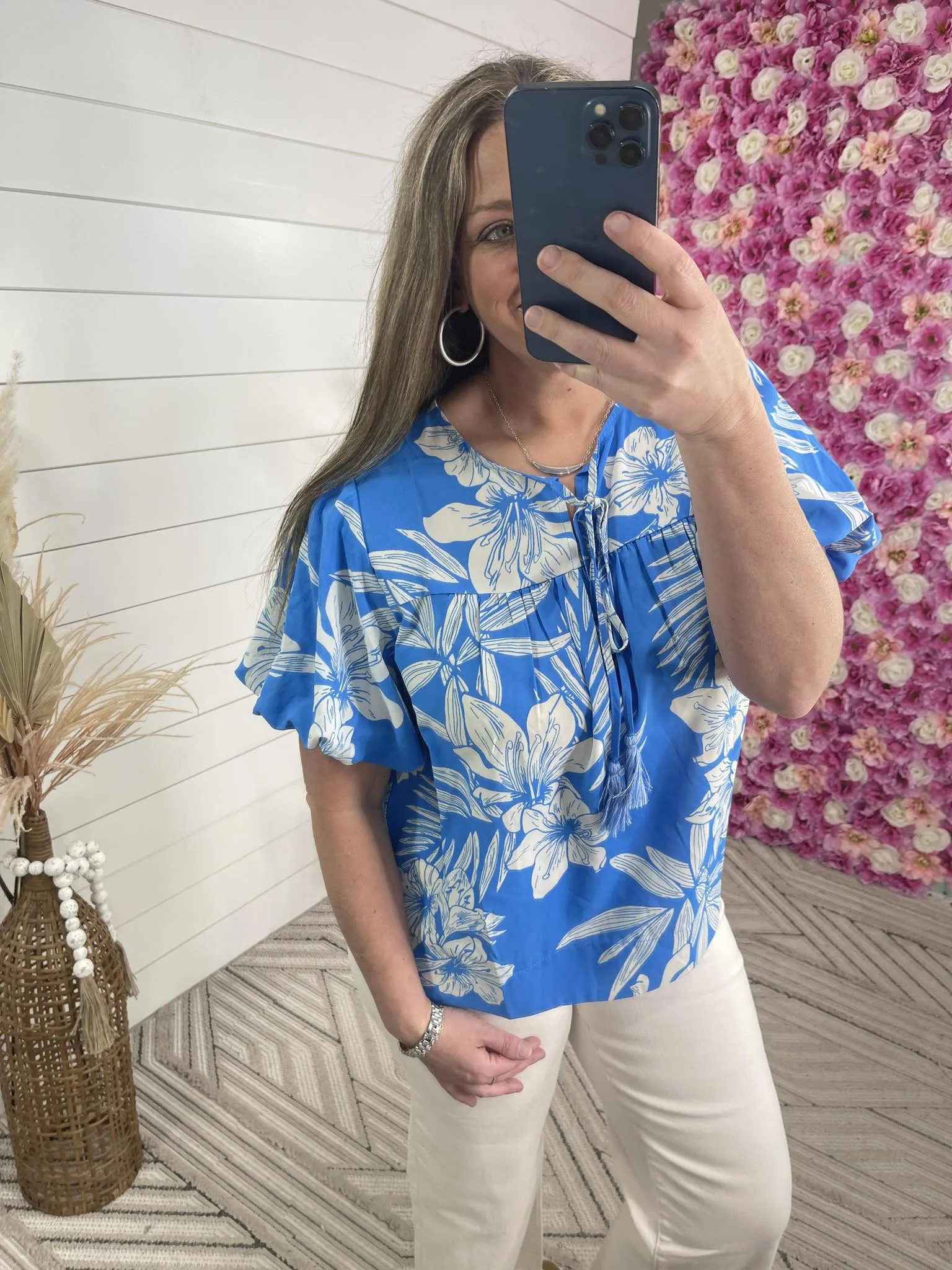 BLUE FLORAL PRINT TASSEL-TIE NECK TOP