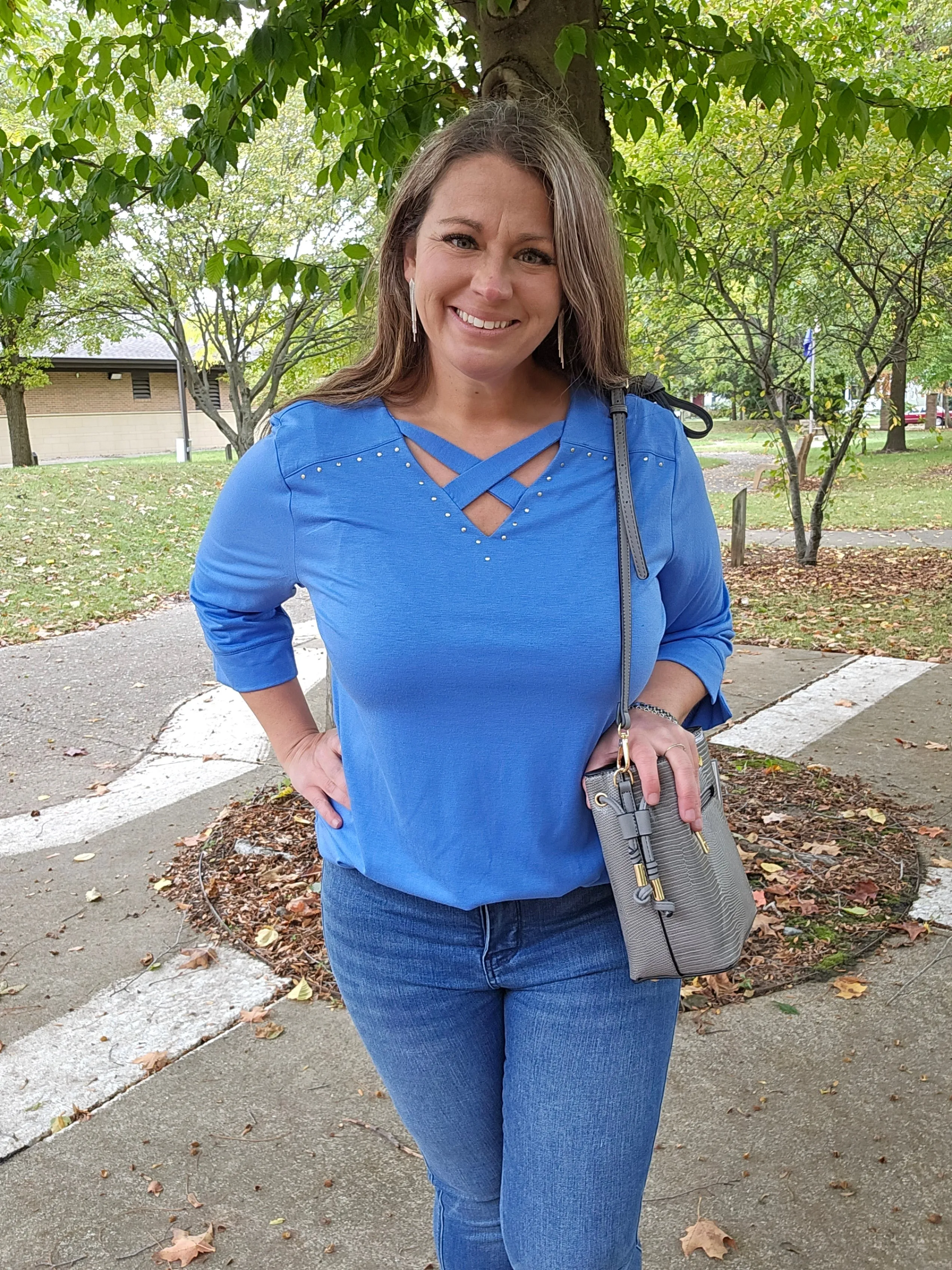 BLUE STUDDED CROSS NECKLINE TOP