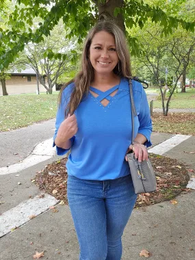 BLUE STUDDED CROSS NECKLINE TOP