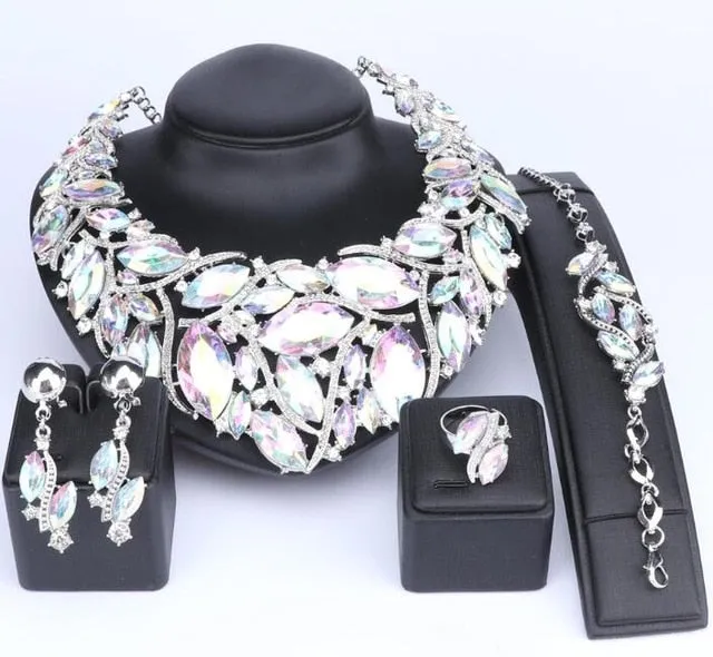 Bohemia Crystal Necklace, Bracelet, Earrings & Ring Wedding Statement Jewelry Set