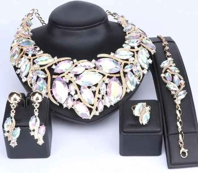 Bohemia Crystal Necklace, Bracelet, Earrings & Ring Wedding Statement Jewelry Set