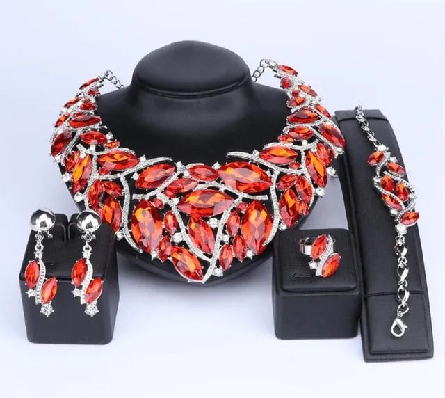 Bohemia Crystal Necklace, Bracelet, Earrings & Ring Wedding Statement Jewelry Set