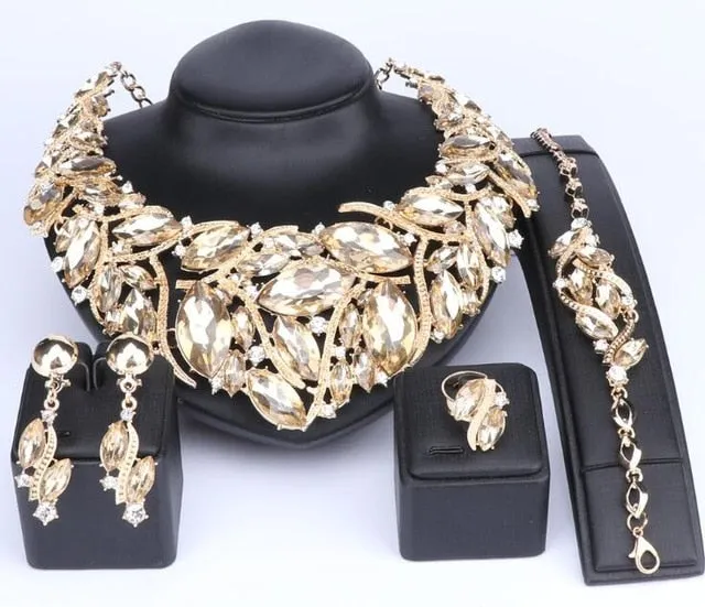 Bohemia Crystal Necklace, Bracelet, Earrings & Ring Wedding Statement Jewelry Set