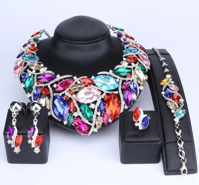 Bohemia Crystal Necklace, Bracelet, Earrings & Ring Wedding Statement Jewelry Set