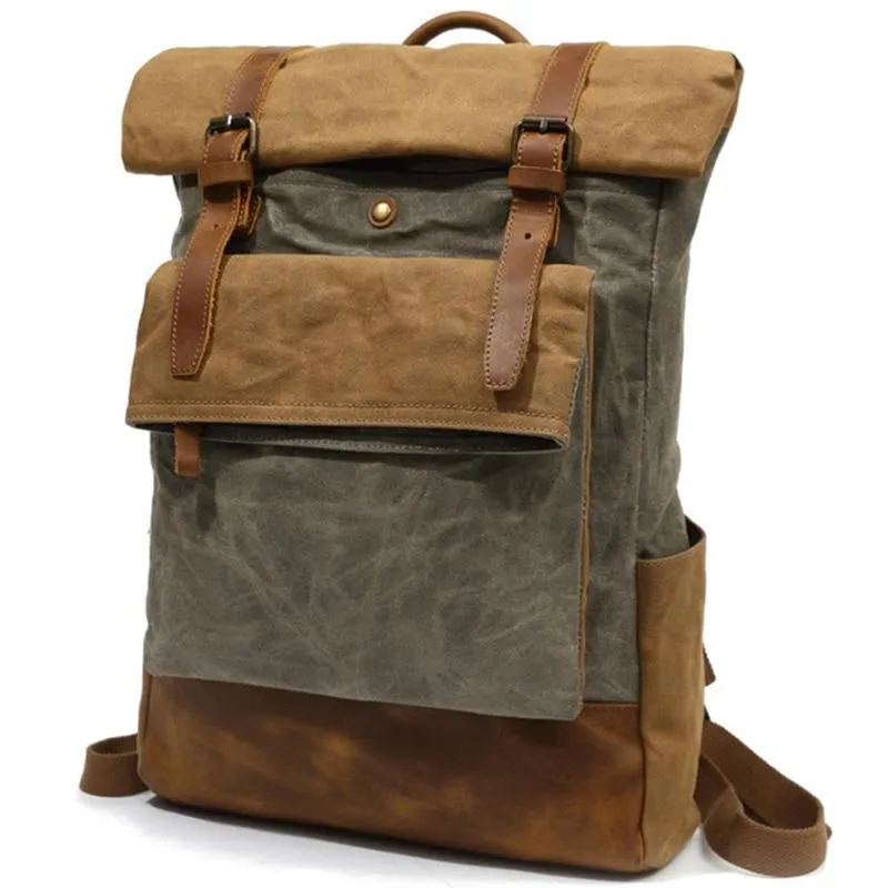 Brown/Green Canvas Waxed Leather 20 Liter Backpack