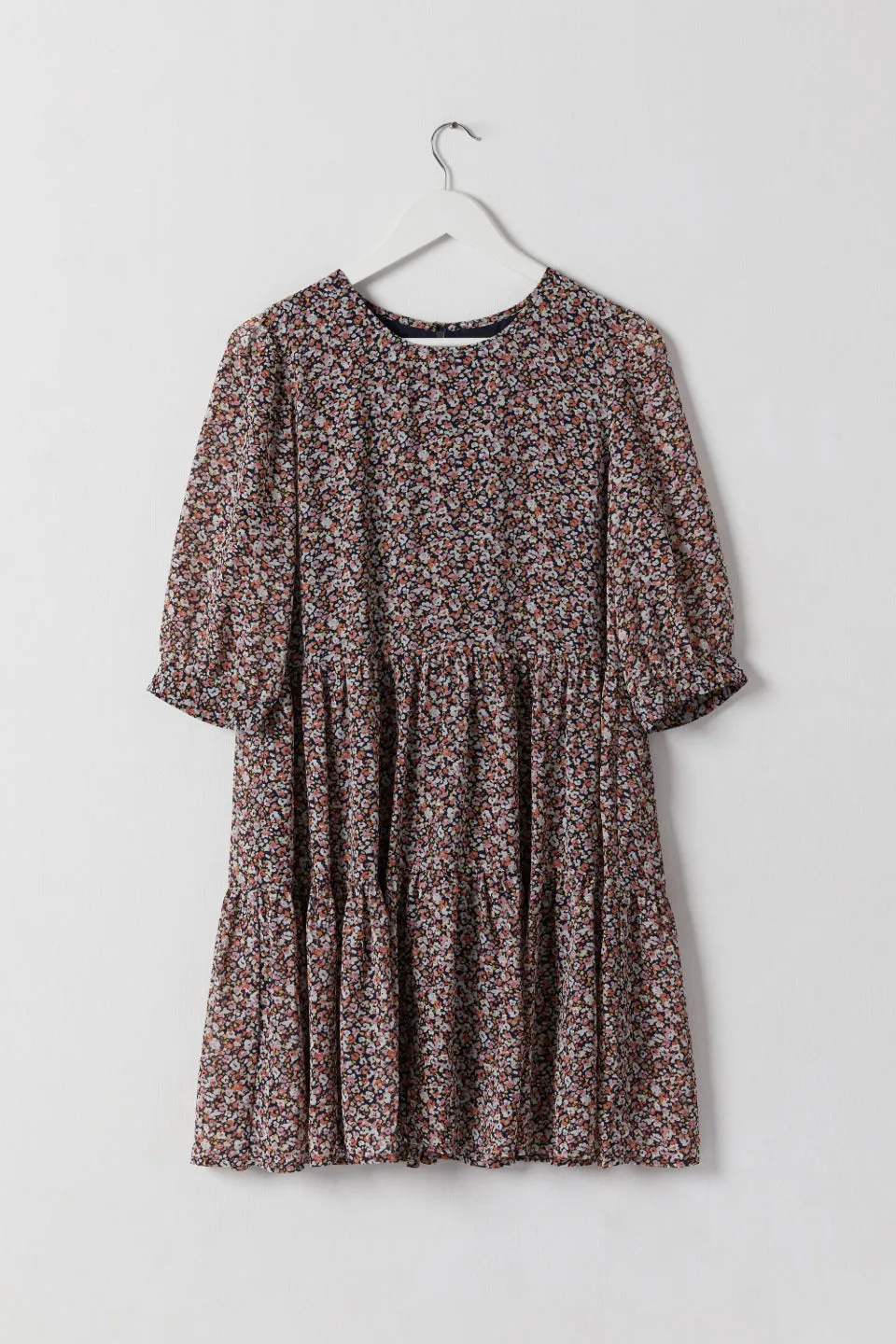 Captivating Navy Ditsy Floral Puff Sleeve Tiered Smock Dress