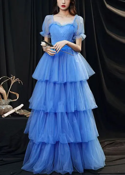 Classy Blue Ruffled Layered Patchwork Tulle Party Dresses Summer ZL067