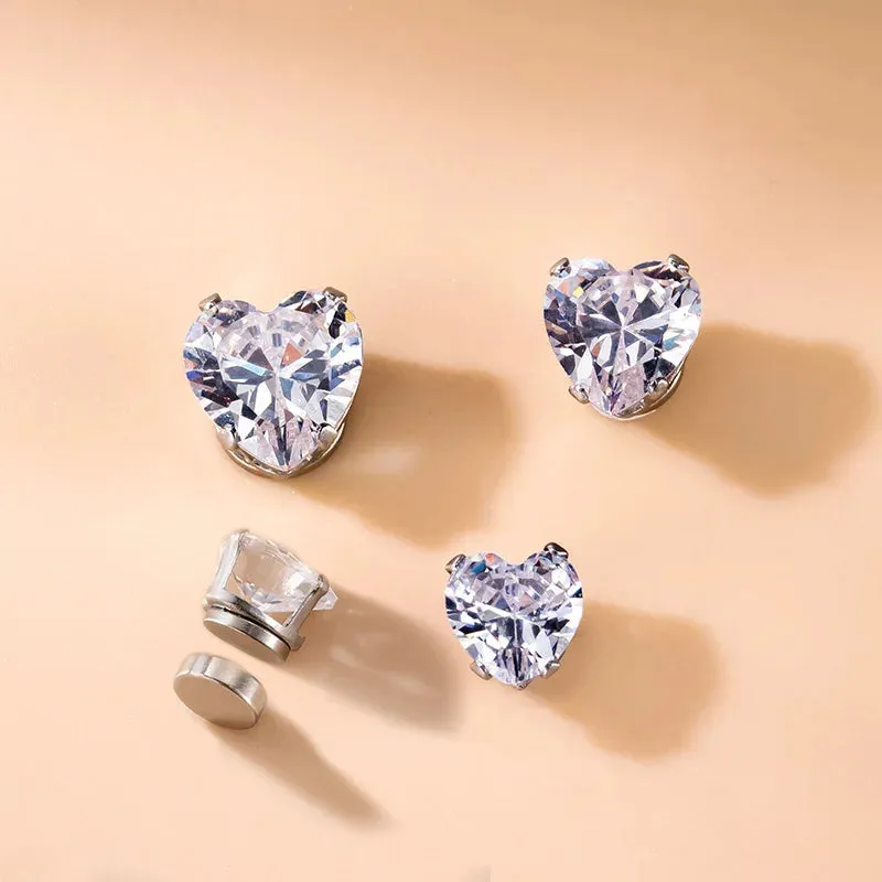 Clear Heart Shape Cubic Zirconia Magnetic Stud Earring Set