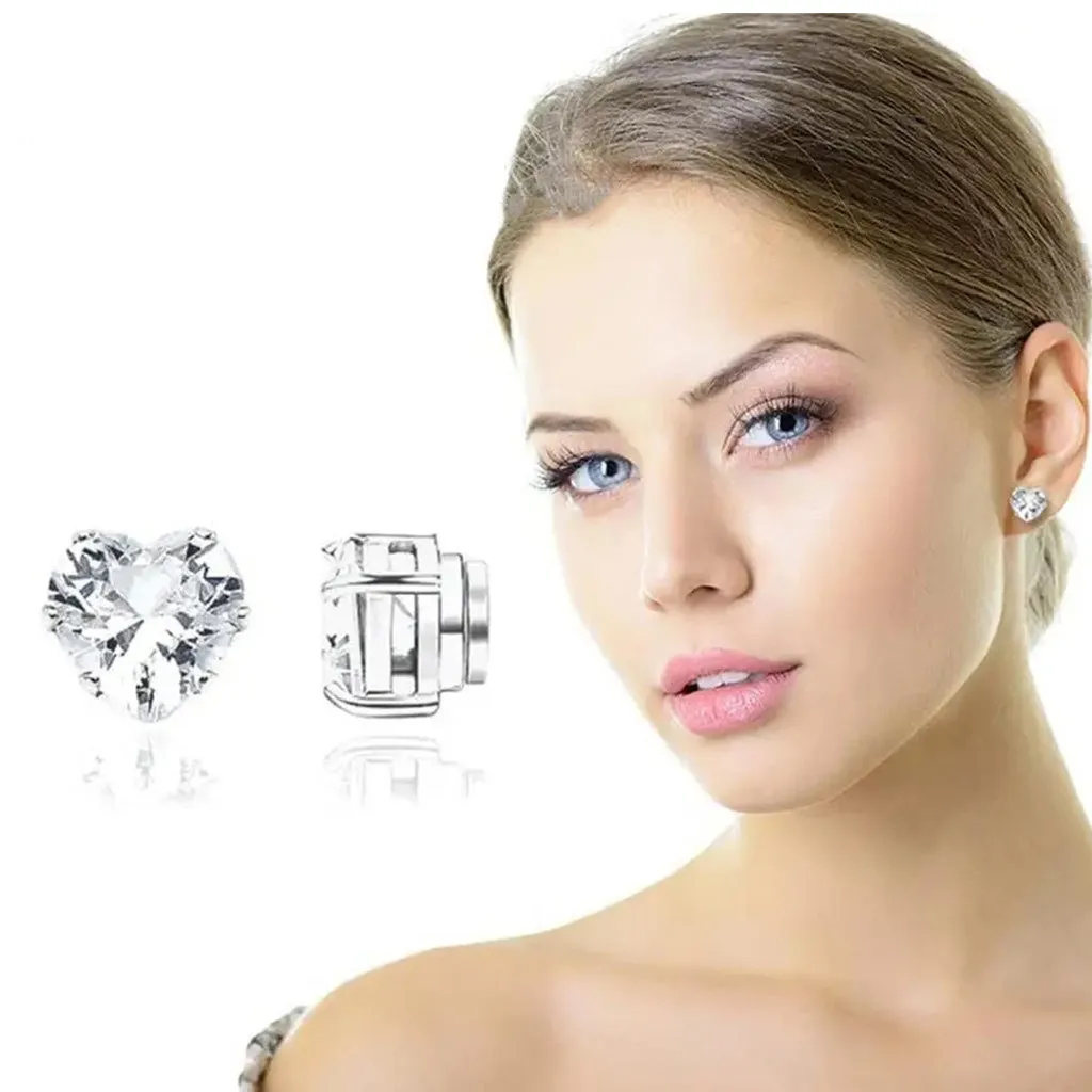 Clear Heart Shape Cubic Zirconia Magnetic Stud Earring Set