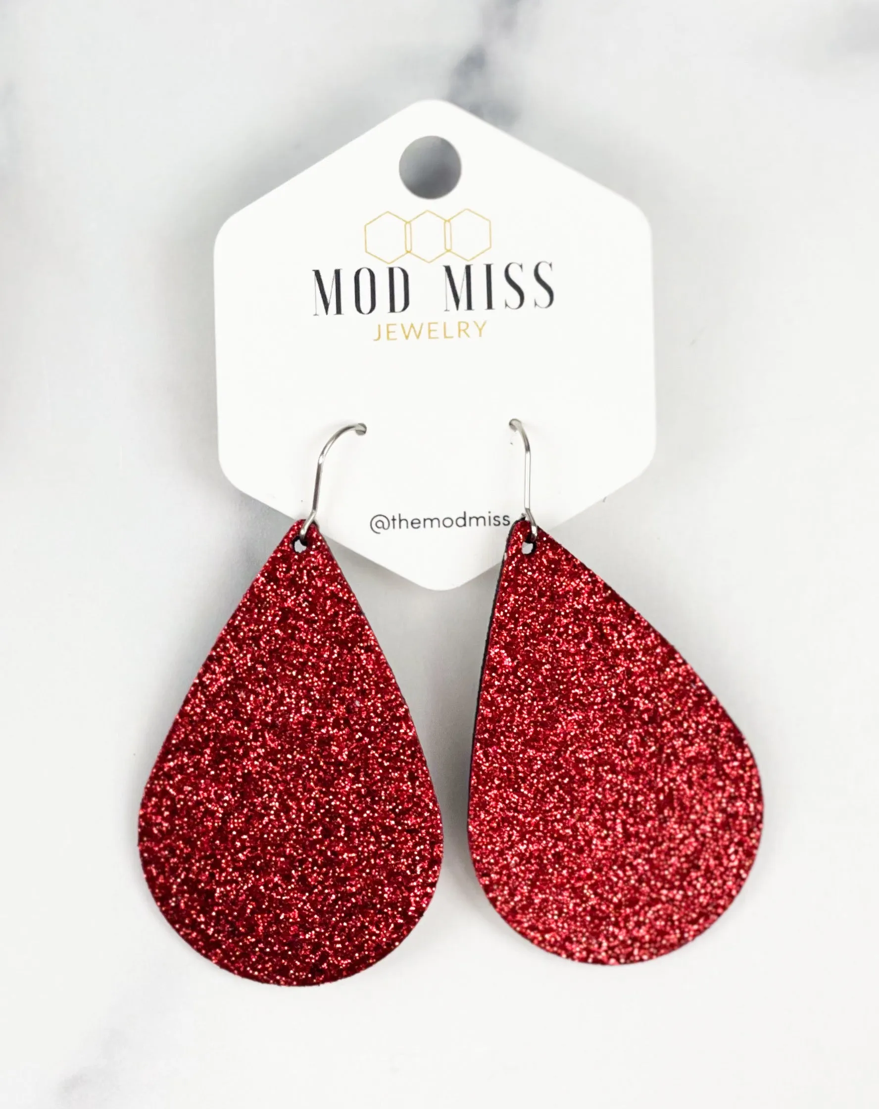 Cork Leather Teardrop Earring Fine Glitter Red