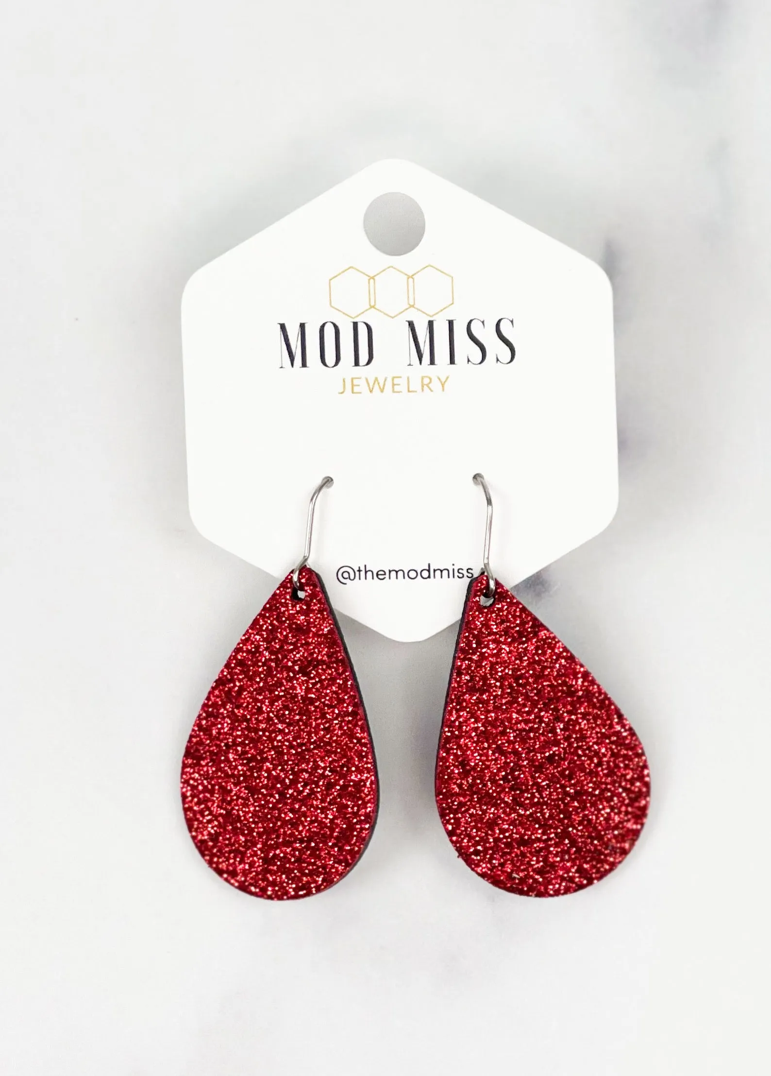 Cork Leather Teardrop Earring Fine Glitter Red