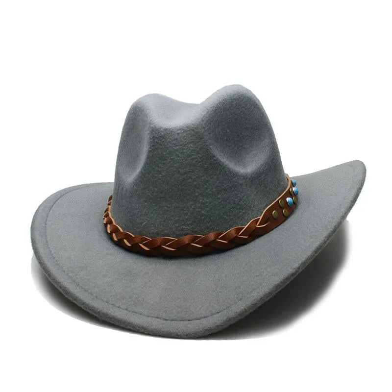 Cowboy Hat Fedora with Turquoise Beads and Faux Leather Braid Band