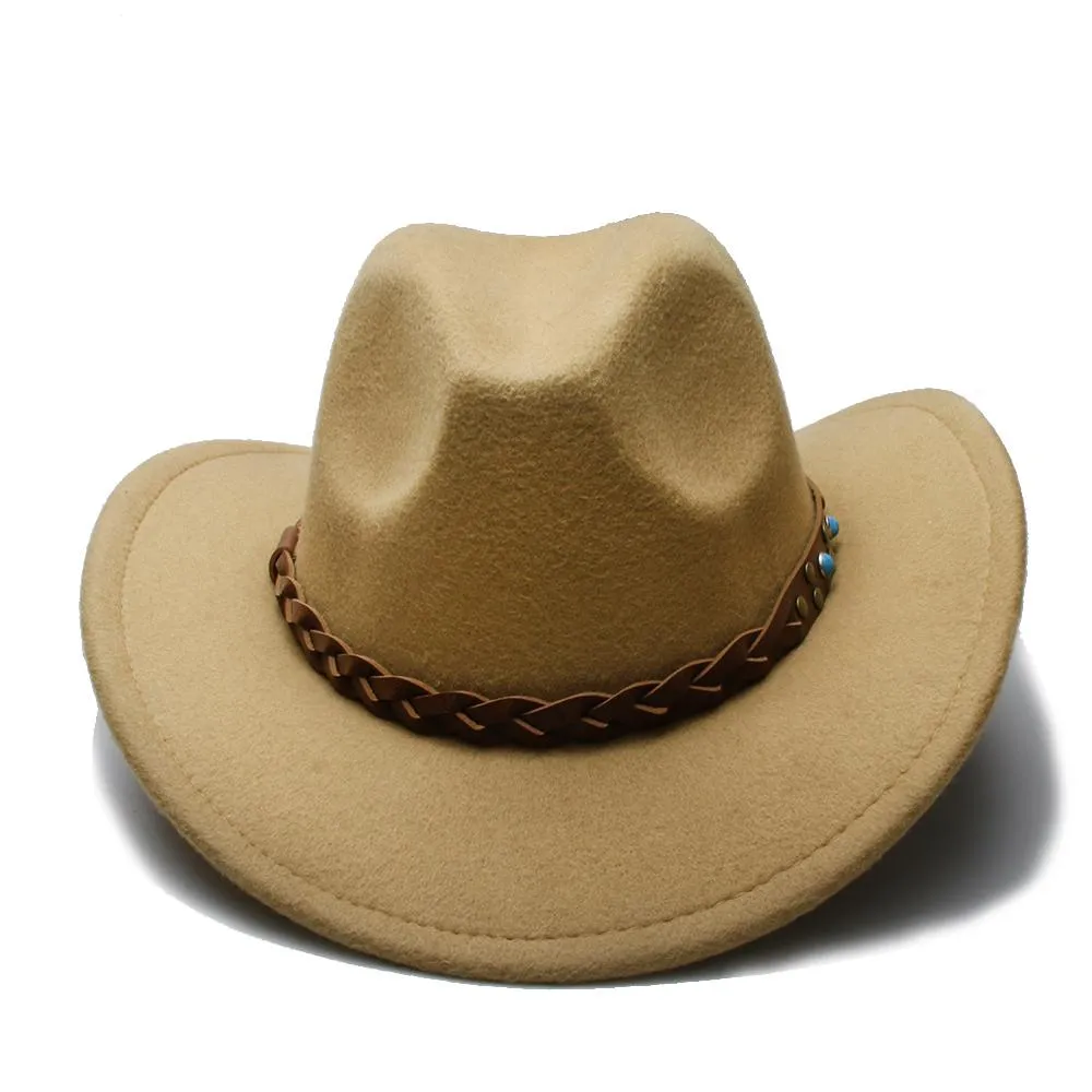 Cowboy Hat Fedora with Turquoise Beads and Faux Leather Braid Band