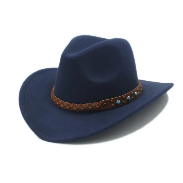 Cowboy Hat Fedora with Turquoise Beads and Faux Leather Braid Band