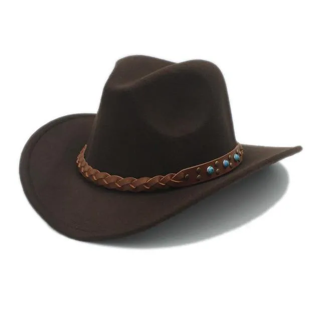 Cowboy Hat Fedora with Turquoise Beads and Faux Leather Braid Band