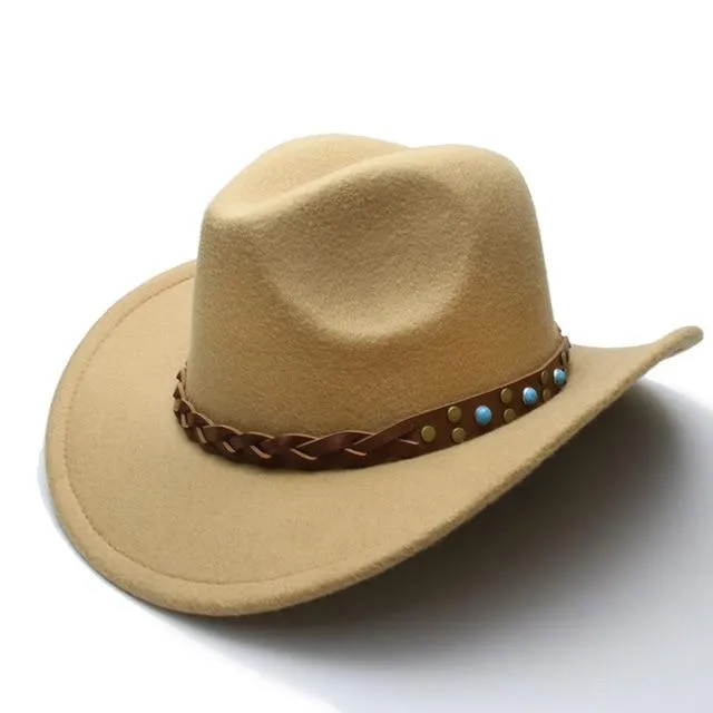 Cowboy Hat Fedora with Turquoise Beads and Faux Leather Braid Band