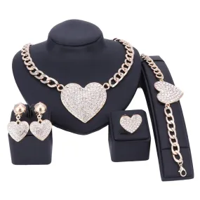 Crystal and Rhinestone Heart Necklace, Bracelet, Earrings & Ring Wedding Statement Jewelry Set