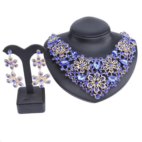 Crystal Flower Necklace & Earrings Wedding Statement Jewelry Set