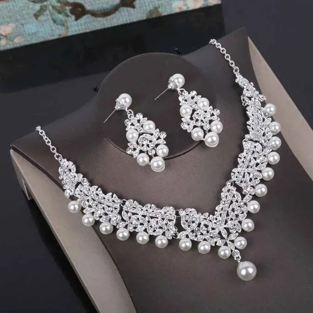 Crystal, Pearl and Rhinestone Tiara, Necklace & Earrings Wedding Prom Pageant Jewelry Set