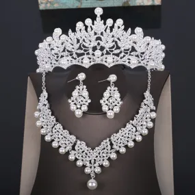 Crystal, Pearl and Rhinestone Tiara, Necklace & Earrings Wedding Prom Pageant Jewelry Set