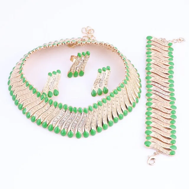 Crystal Steel Strips Necklace, Bracelet, Earrings & Ring Wedding Jewelry Set