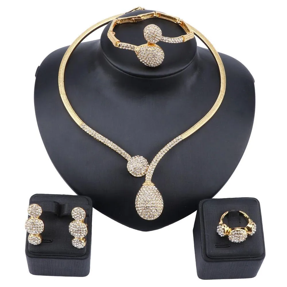 Crystal Water Drop Shape Necklace, Bracelet, Earrings & Ring Wedding Statement Jewelry Set