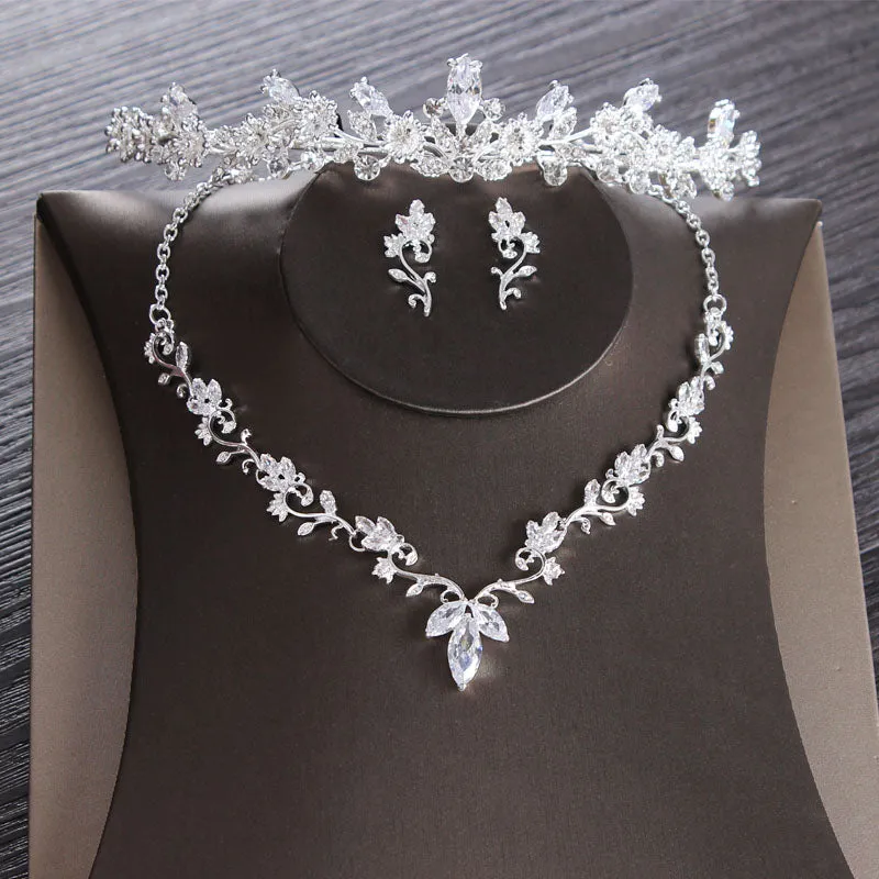 Cubic Zirconia, Leaf and Rhinestone Tiara, Necklace & Earrings Wedding Queen Jewelry Set