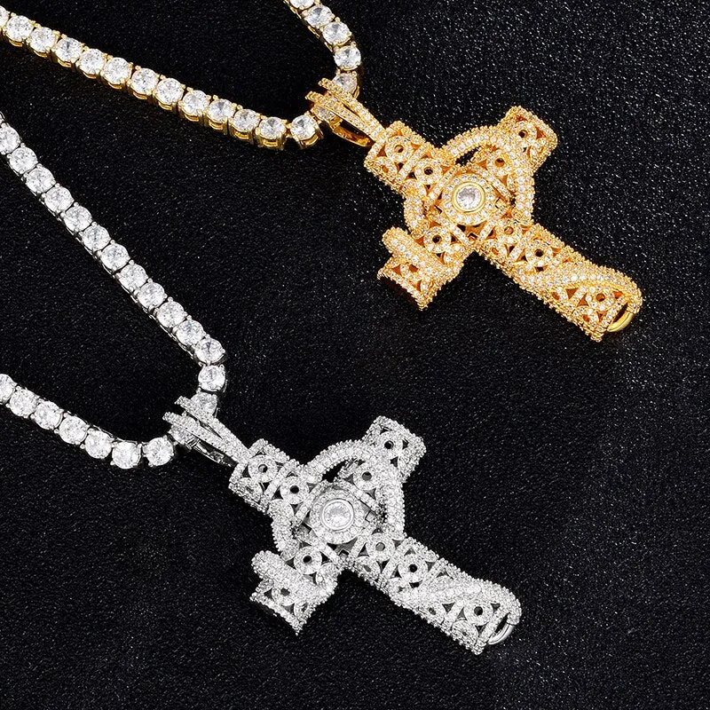 Cubic-Zirconia-Studded Cross Bling Hip-hop Pendant Necklace