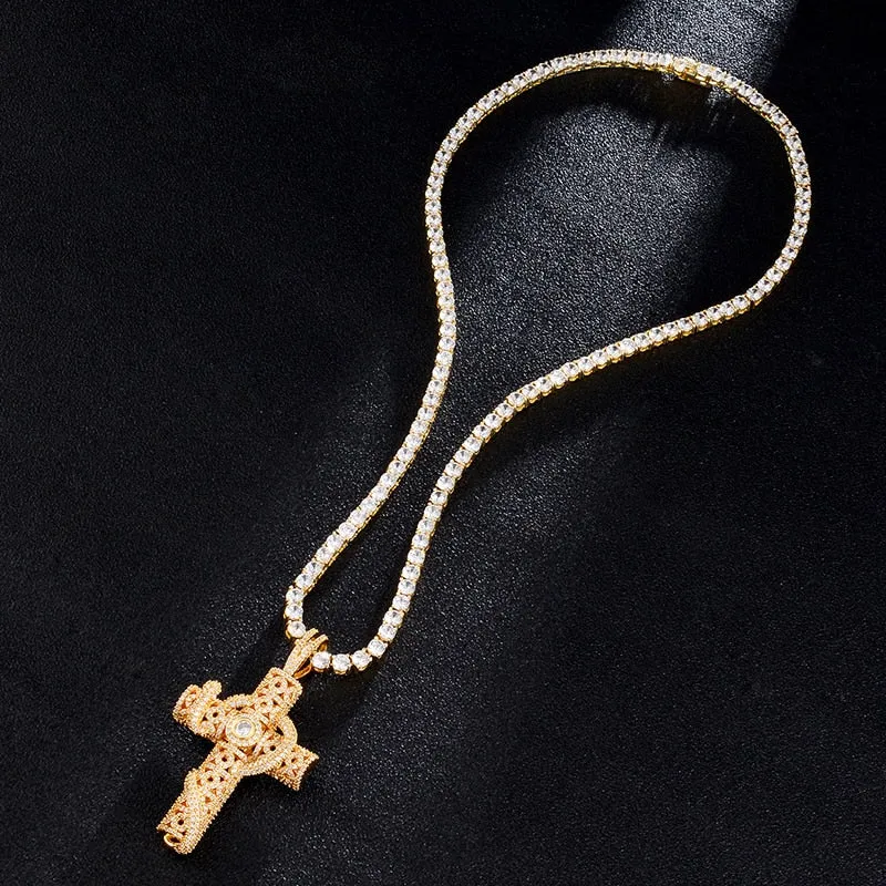 Cubic-Zirconia-Studded Cross Bling Hip-hop Pendant Necklace