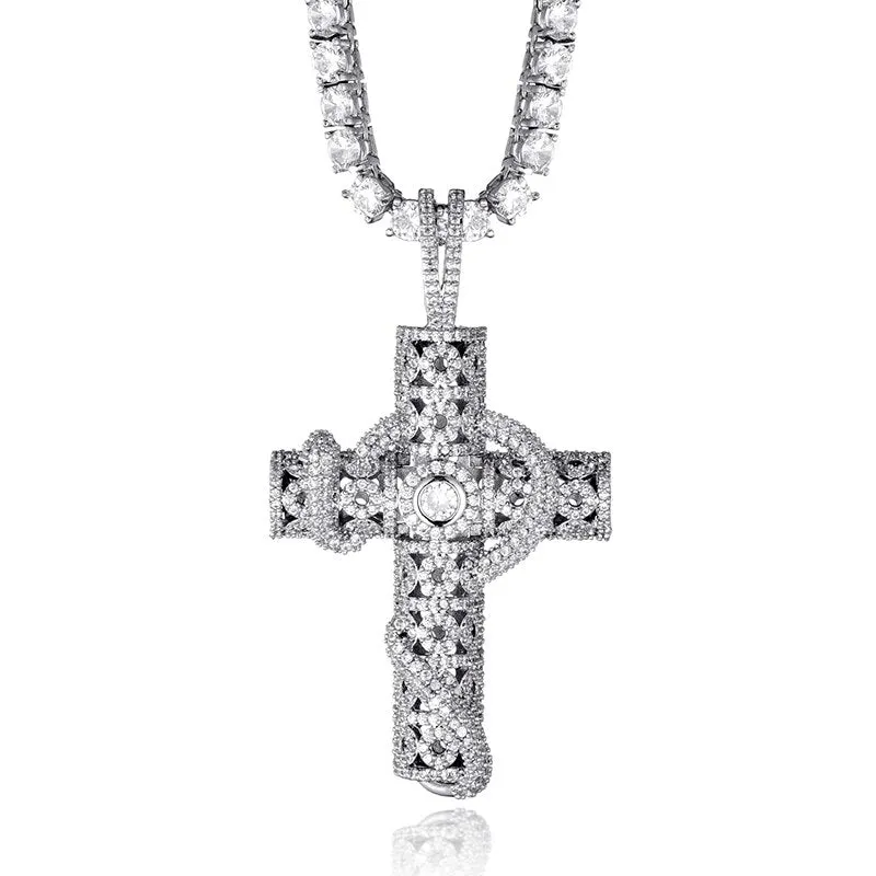 Cubic-Zirconia-Studded Cross Bling Hip-hop Pendant Necklace