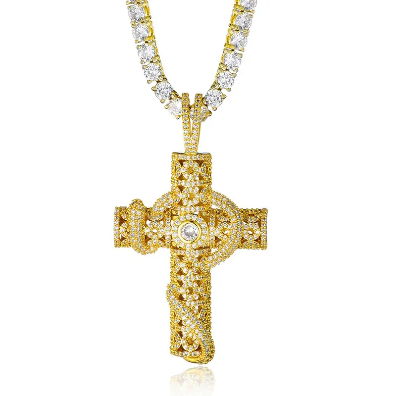 Cubic-Zirconia-Studded Cross Bling Hip-hop Pendant Necklace