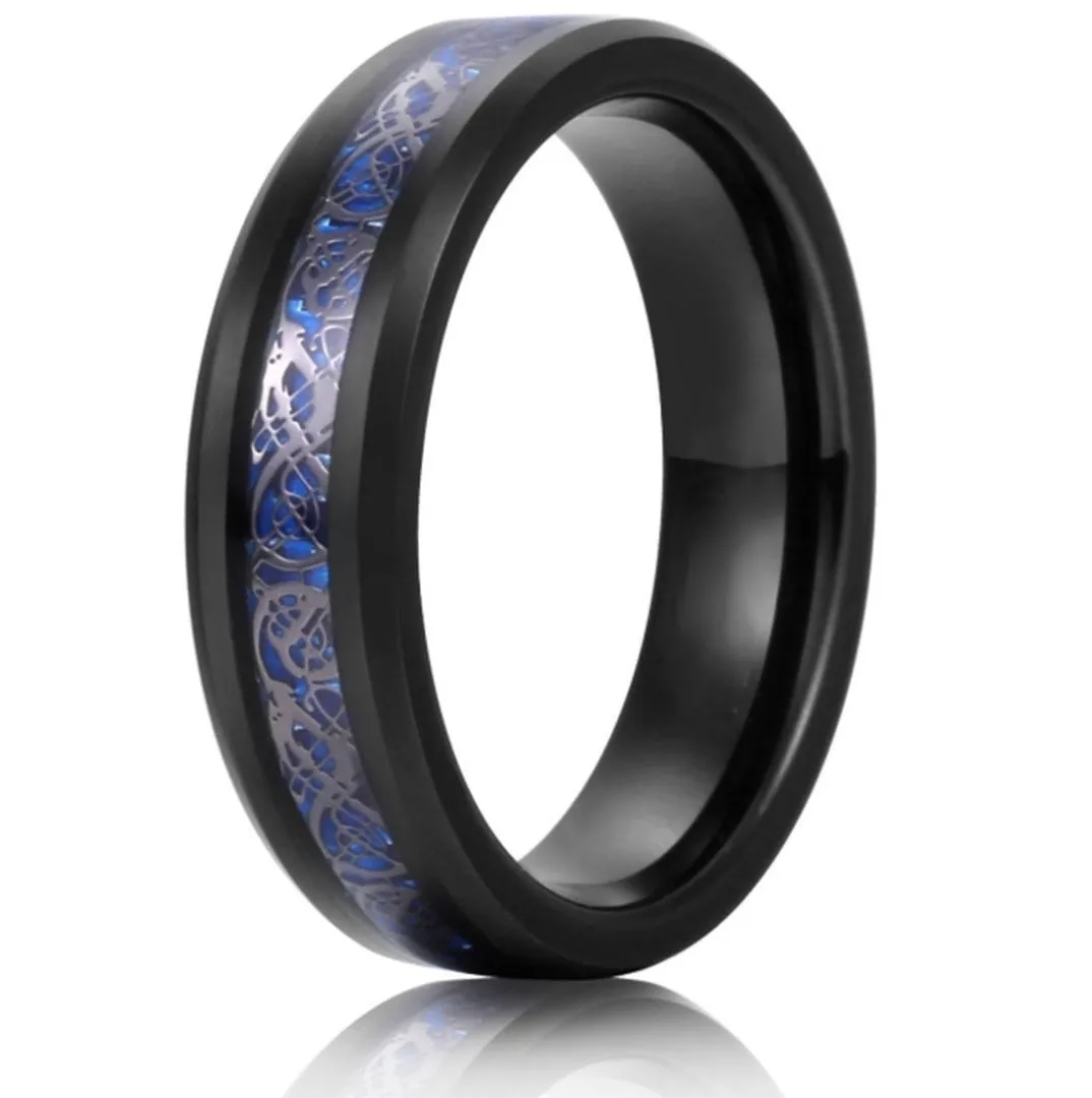 DRAGON Unisex 6 mm Black Celtic Dragon Blue Carbon Fiber Tungsten Carbide Ring Comfort Fit