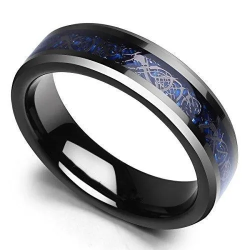 DRAGON Unisex 6 mm Black Celtic Dragon Blue Carbon Fiber Tungsten Carbide Ring Comfort Fit