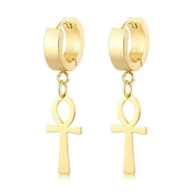 Drop Ankh Egyptian Cross Hoop Earrings in 3 Different Colors