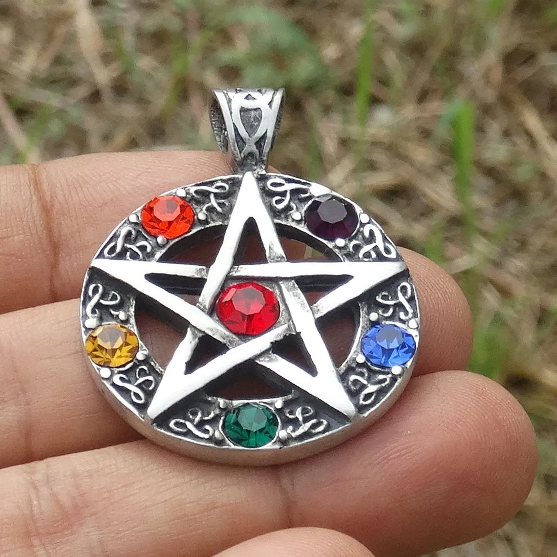 Elemental Crystal Wiccan Pagan Magic Star Pentacle Pentagram Pewter Pendant