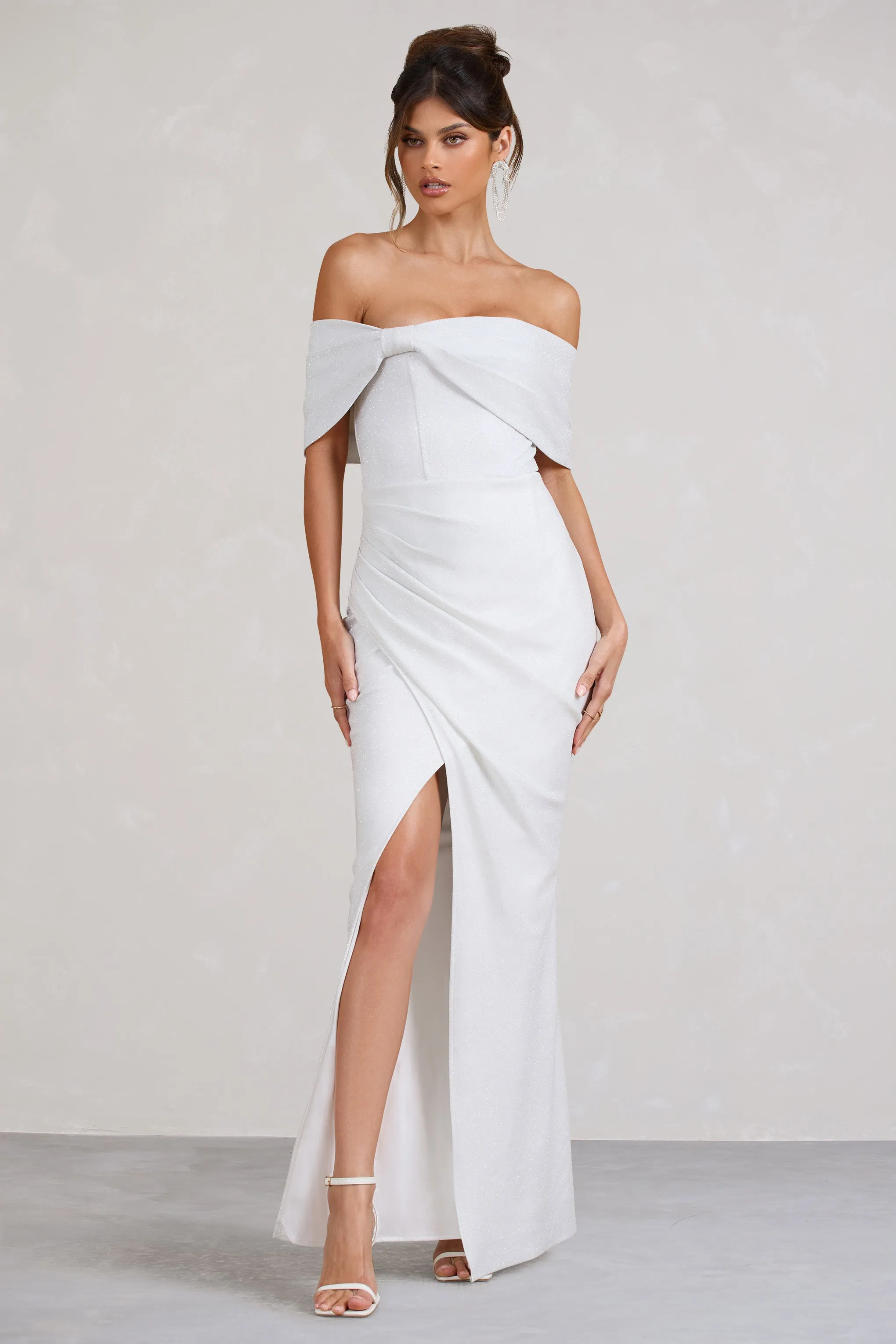 Eva | White Glitter Bardot Wrap Maxi Dress