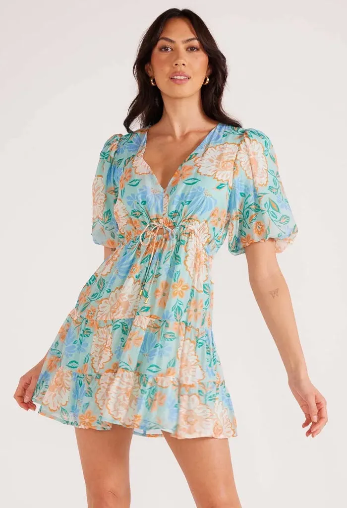 Evelyn Puff Sleeve Mini Dress-Mint/Floral