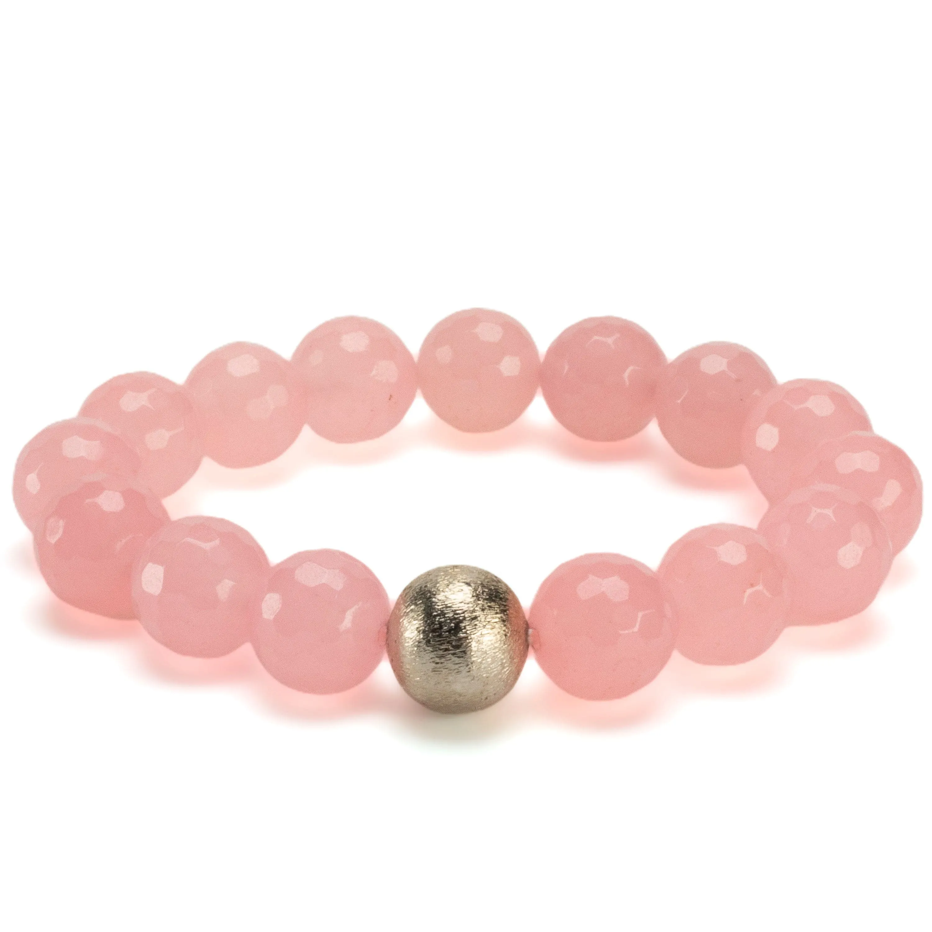 Faceted Rose Quartz 12mm Gemstone Bead Elastic Bracelet with Matte Silver Accent Bead