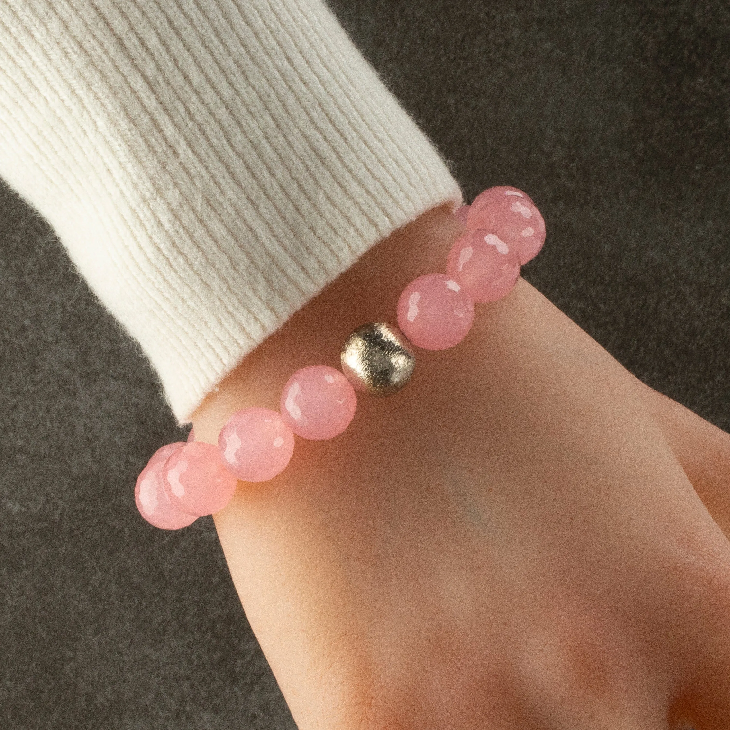 Faceted Rose Quartz 12mm Gemstone Bead Elastic Bracelet with Matte Silver Accent Bead